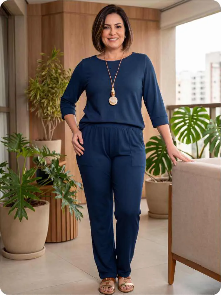Presente de Natal para mãe com conjunto feminino azul-marinho elegante e confortável