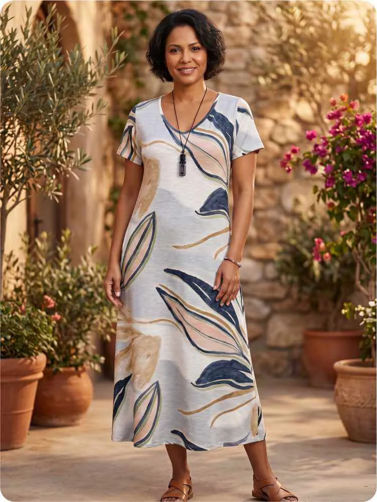 Moda verão 2026 com vestido midi estampado feminino de manga curta