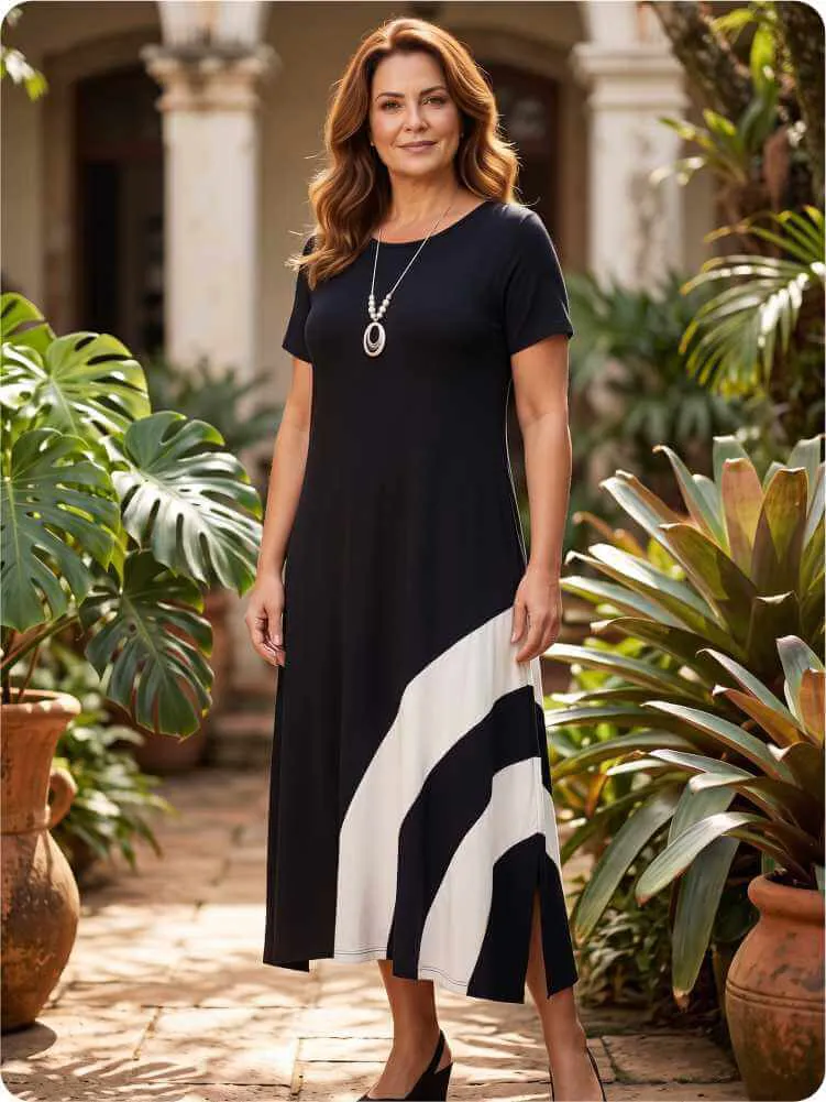 Vestido de malha preto midi com gola V para mulheres 50+