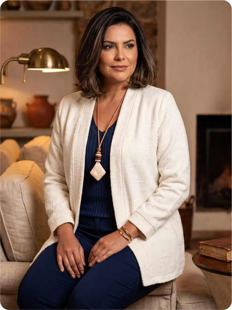 Mulher elegante usando cardigan feminino off-white aberto em malha texturizada sobre blusa e calça azul-marinho Mariantônia.